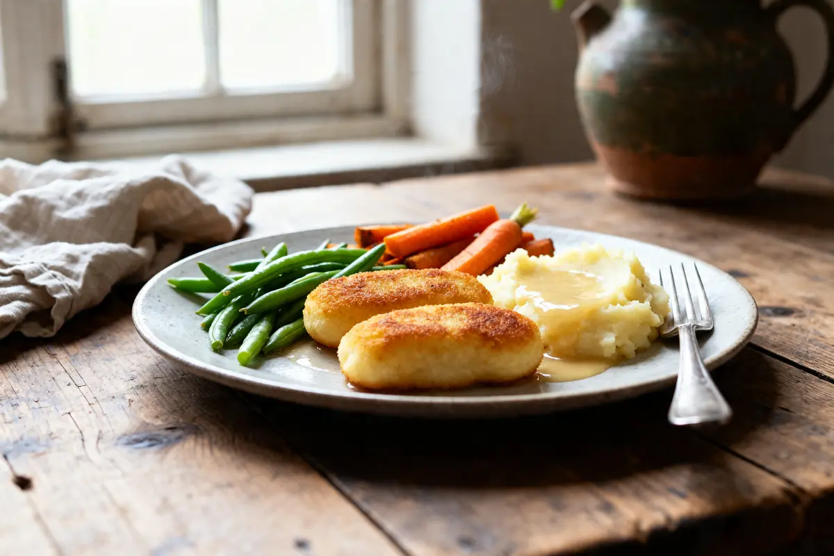 Purée, haricots et carottes pour accompagner des quenelles dorées sur une assiette rustique