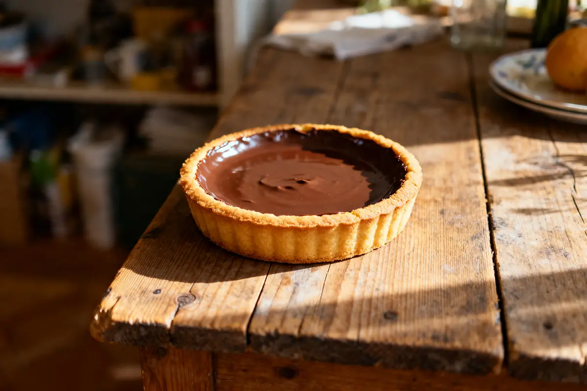 Barquette au chocolat posée sur une table en bois rustique éclairée par le soleil