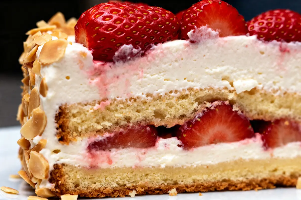 Part de fraisier avec fraises fraîches, crème chantilly et amandes, calorie d'un fraisier.