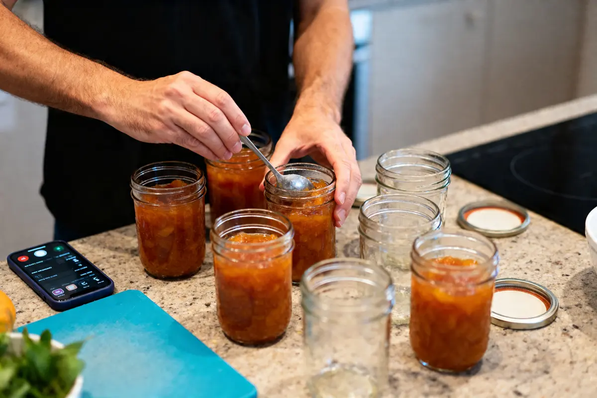 Préparation pour conserver les compotes maison avec pots en verre sur un comptoir de cuisine