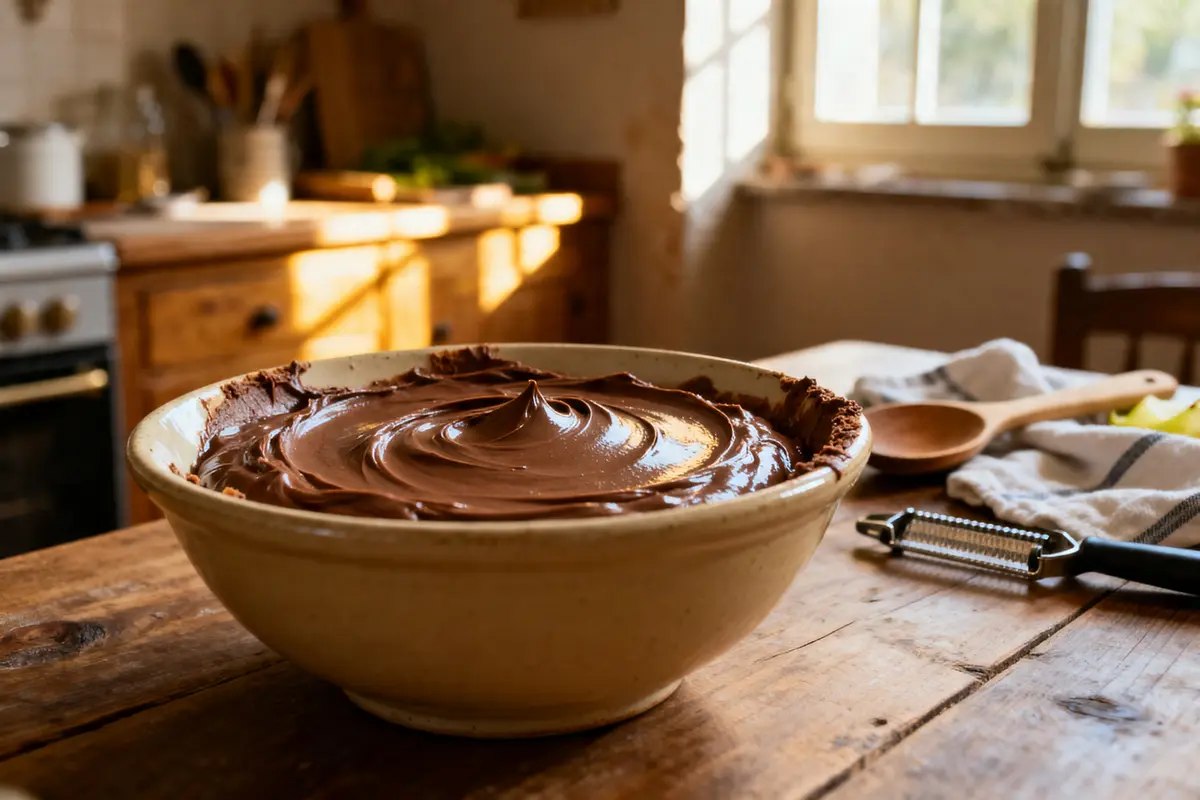 Bol en céramique rempli de crème mascarpone Nutella dans une cuisine rustique ensoleillée