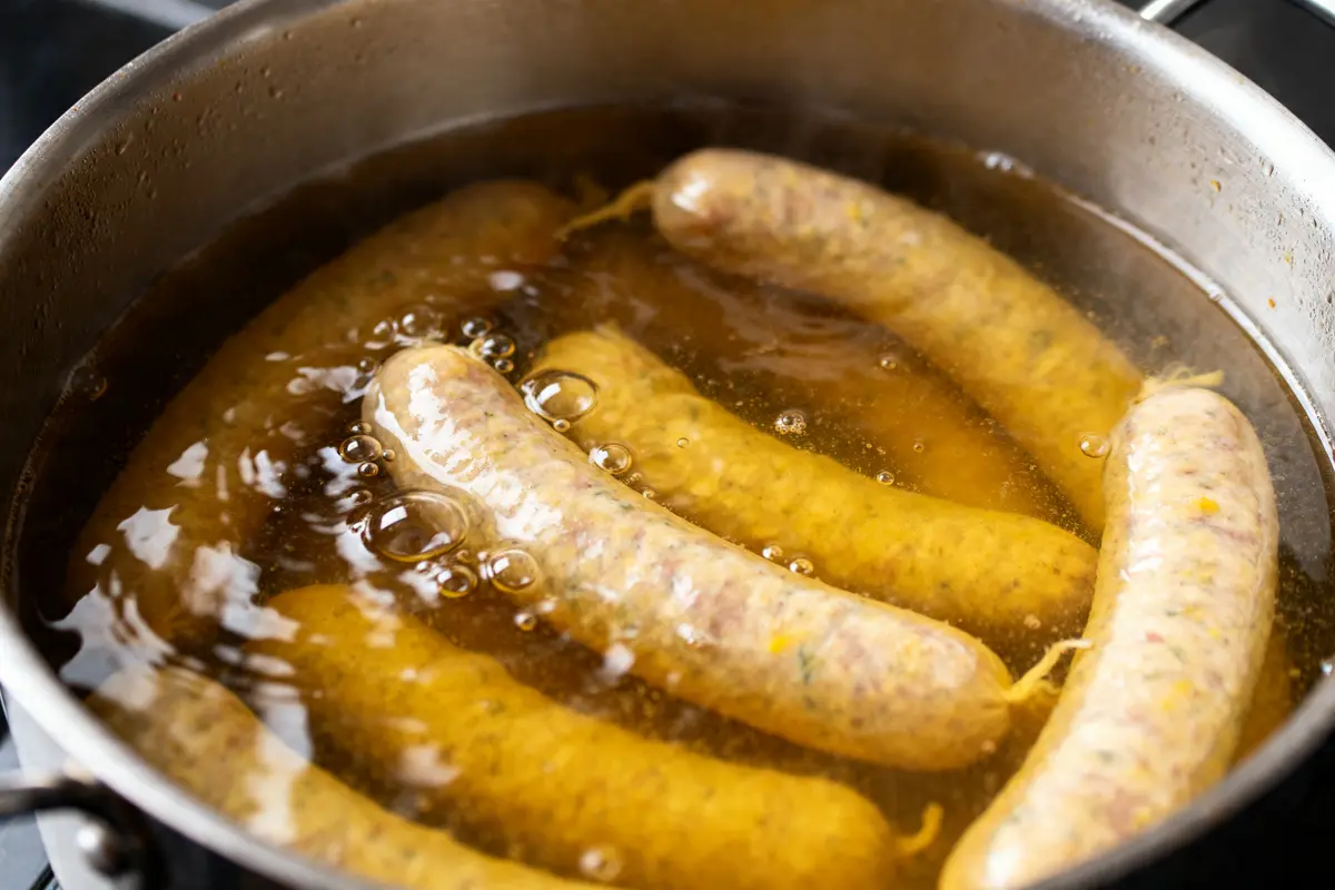 Cuisson de la saucisse de Francfort dans une casserole d'eau frémissante sur la cuisinière