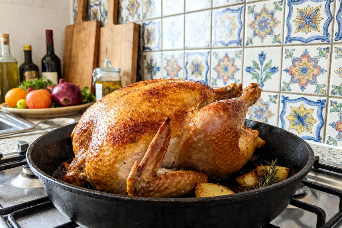 Chapon doré dans un four traditionnel, démontrant la parfaite cuisson du chapon