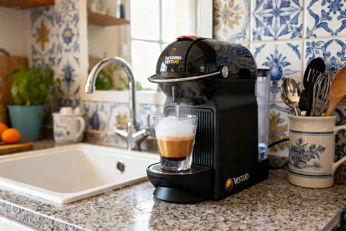 Machine Nespresso Vertuo avec café, recommande de détartrer régulièrement pour un fonctionnement optimal