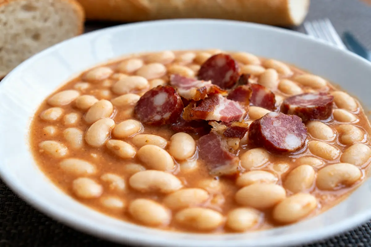 Assiette de fabada asturienne avec haricots blancs et morceaux de saucisse