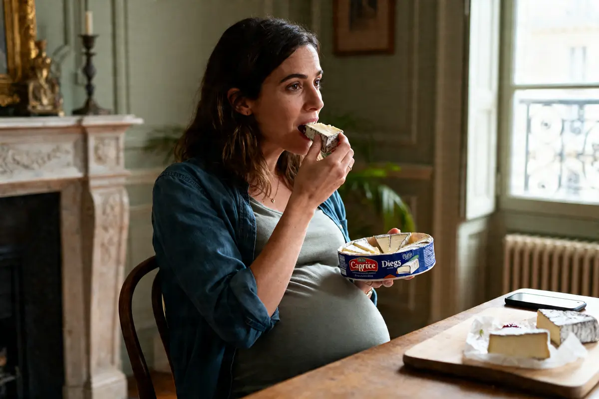 Femme enceinte savourant Caprice des Dieux à table avec smartphone et cheminée en arrière-plan