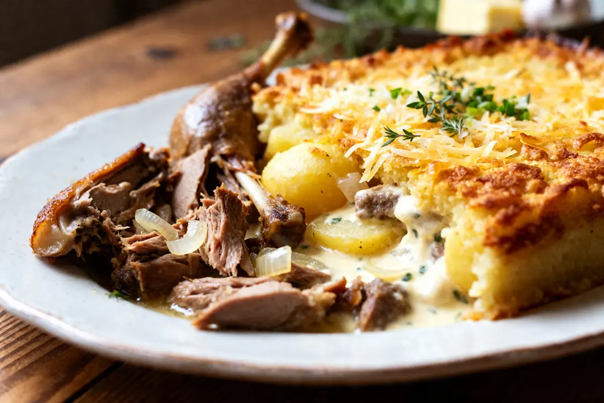 Parmentier de canard façon grand-mère avec purée dorée et légumes sur assiette en céramique