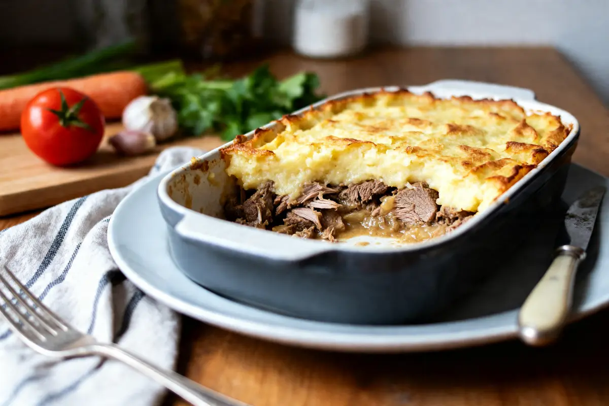 Plat de parmentier de canard grand-mère avec légumes frais sur table en bois rustique