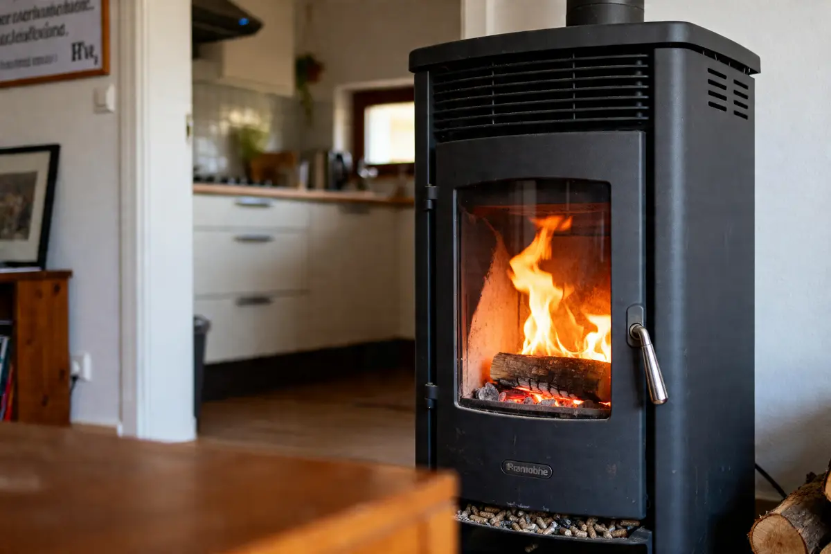 Poêle à bois moderne avec feu vif dans un intérieur de cuisine chaleureuse