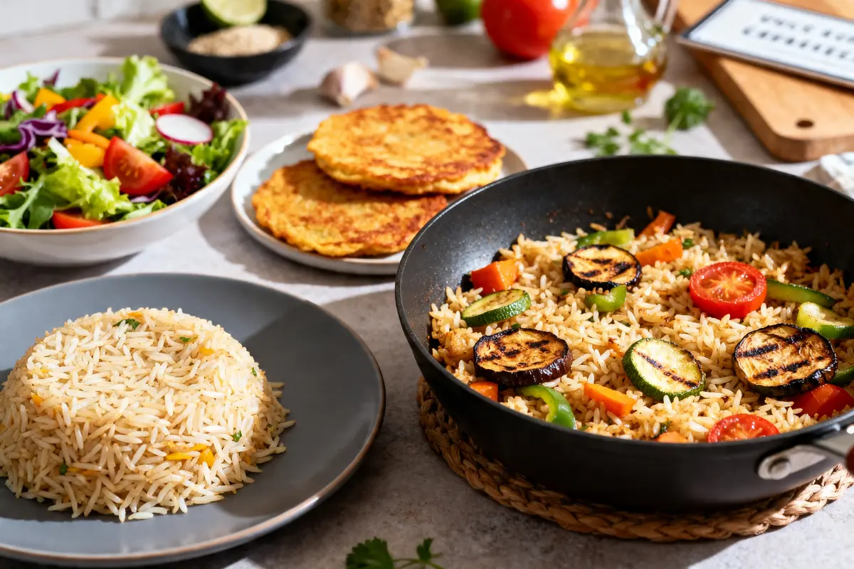Poêlée de légumes et reste de riz basmati cuit servie avec salade fraîche et galettes