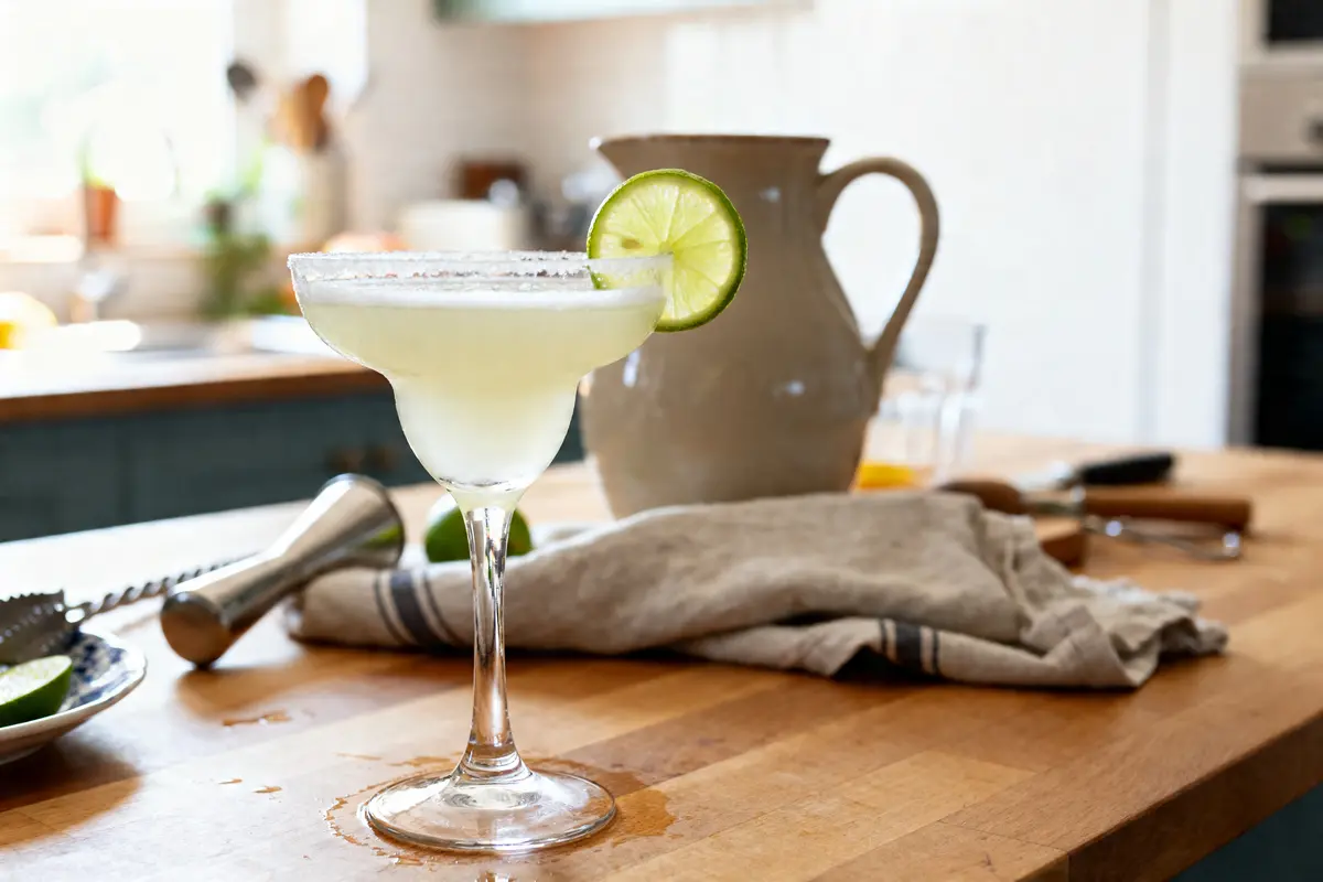 Verre de daïquiri classique sur table de cuisine avec équipements pour recettes de daïquiri