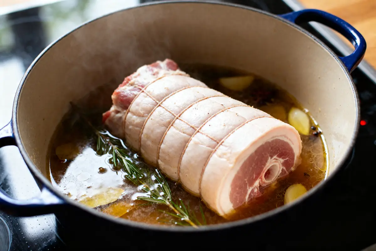 Rouelle de porc moelleuse mijotée avec romarin et ail dans une cocotte.