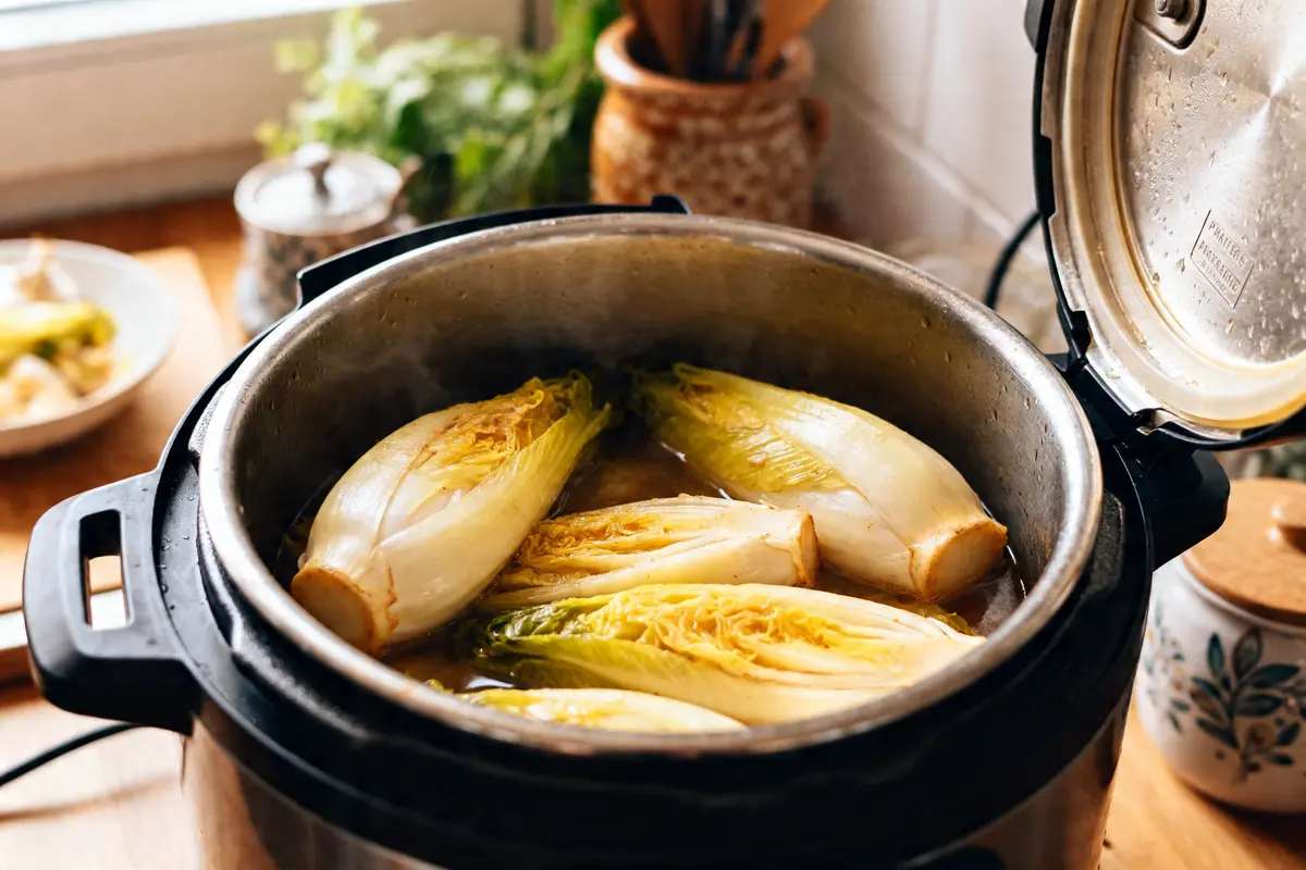 Endives en cocotte-minute prêtes à cuire, illustrant le temps de cuisson des endives à la cocotte-minute