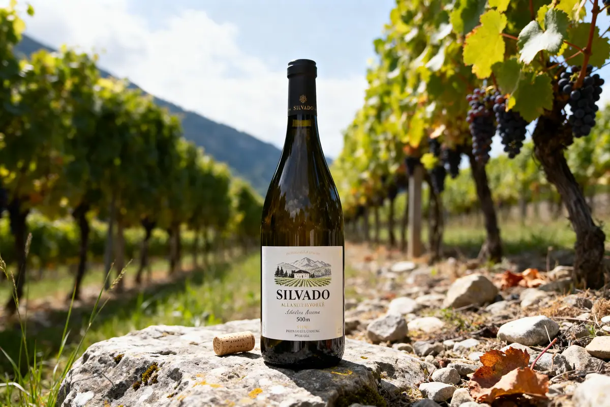 Bouteille de vin Silvado posée sur pierre dans un vignoble avec raisins en arrière-plan