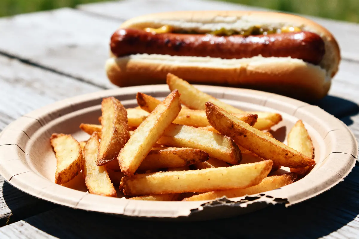 Frites croustillantes sur assiette pour accompagnement pour hot dog en plein air