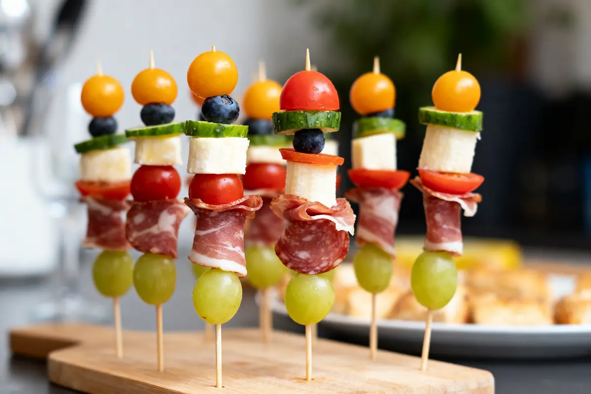 Brochettes apéritives sans cuisson avec fruits, légumes, fromage et charcuterie sur plateau en bois