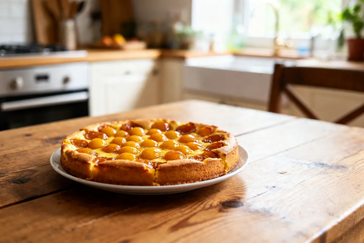 Clafoutis aux mirabelles doré posé sur une table en bois dans une cuisine lumineuse
