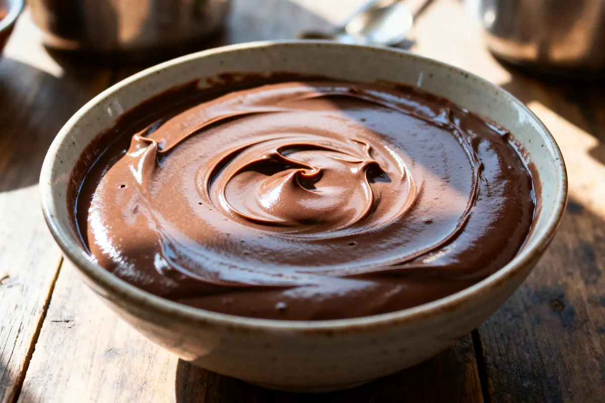 Bol de crème chocolat rapide maïzena onctueuse sur table en bois éclairée par le soleil