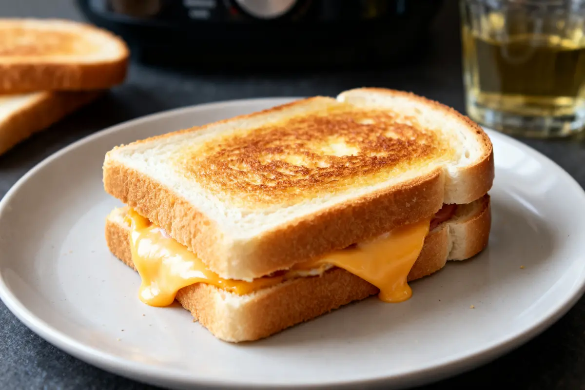 Croque monsieur au Airfryer croustillant avec fromage fondant sur une assiette blanche