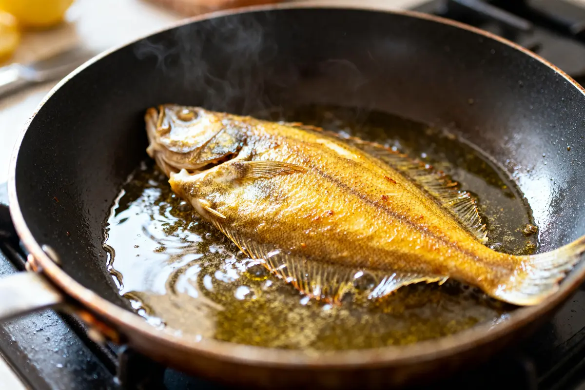 Sole dorée en cuisson à la poêle dans une sauce riche et savoureuse