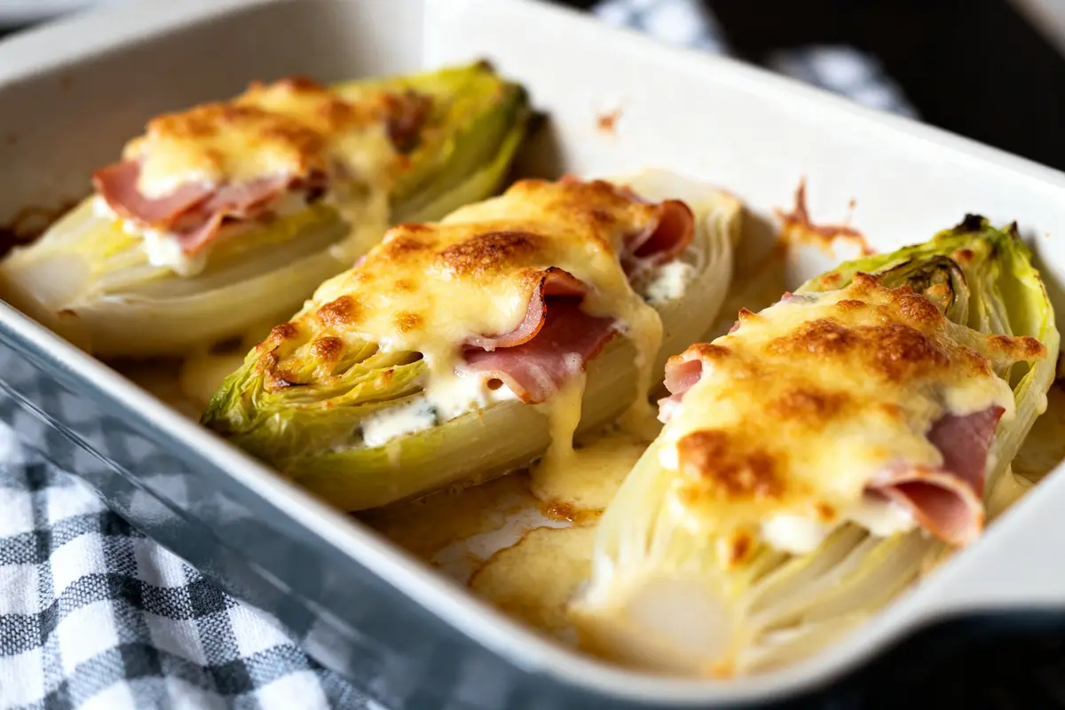 Trois endives fumées au four gratinées au fromage dans un plat à gratin.