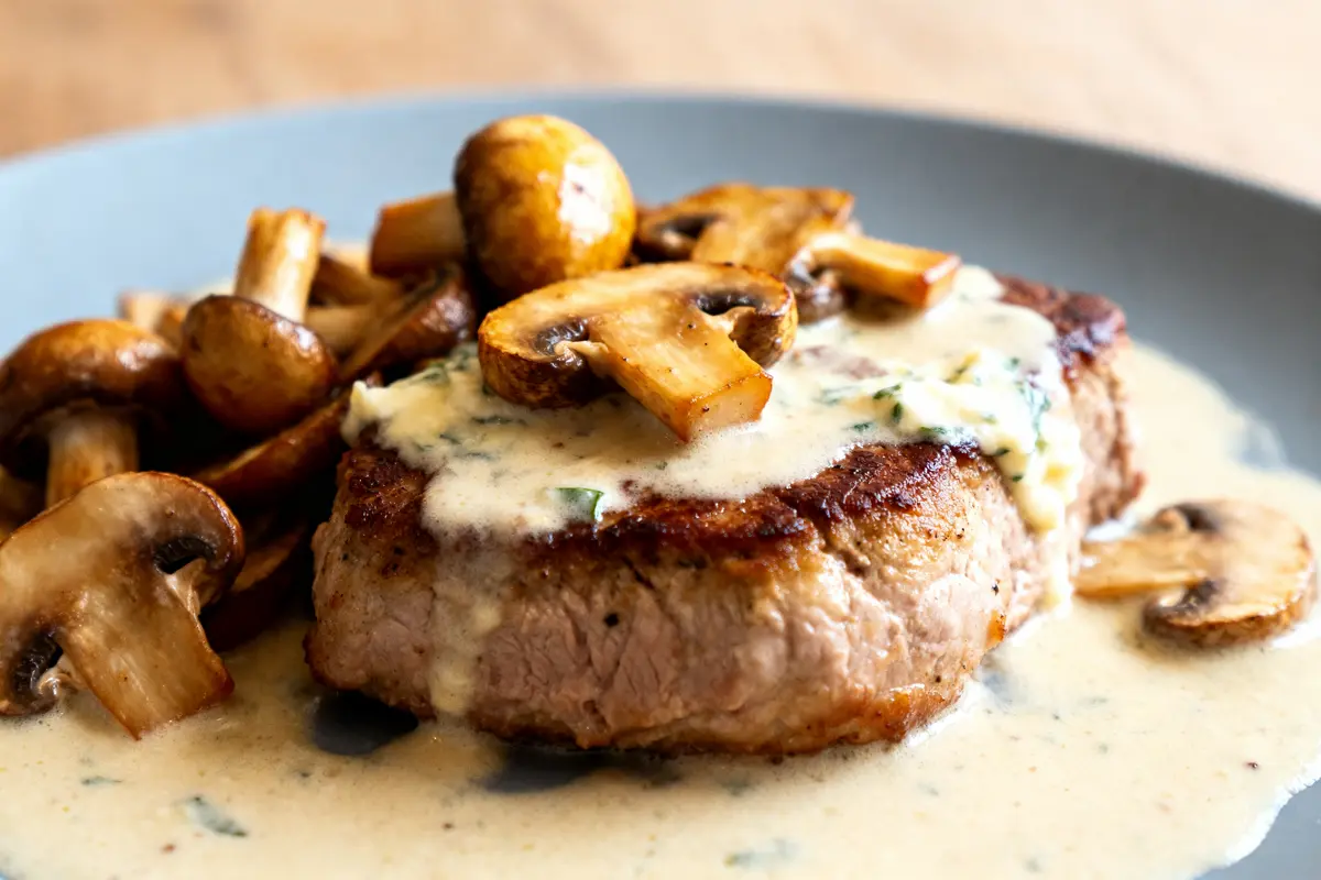 Plat de filet mignon au boursin et champignons avec sauce crémeuse et garniture de champignons