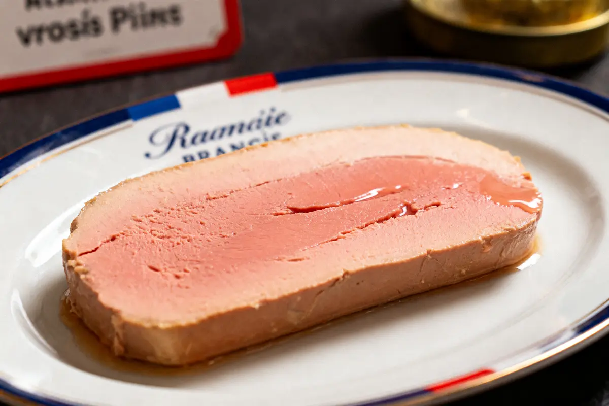 Tranche de foie gras pas assez cuit sur une assiette décorée bleu blanc rouge