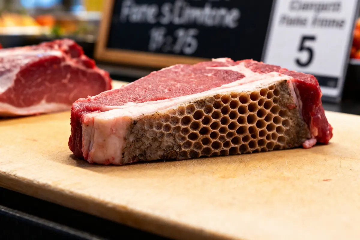 Viande crue en présentation sur planche, affichant la structure alvéolée de fraise de veau