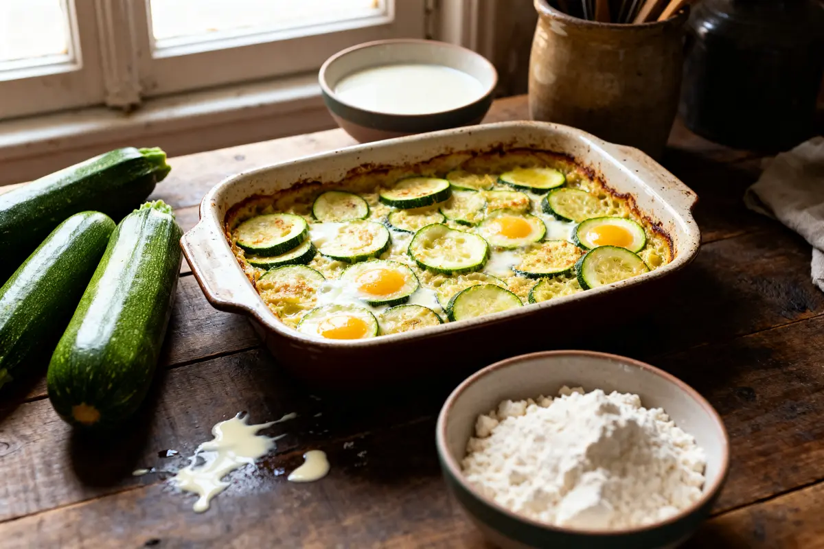 Plat de gratin de courgettes sans oeufs avec courgettes et ingrédients sur table bois