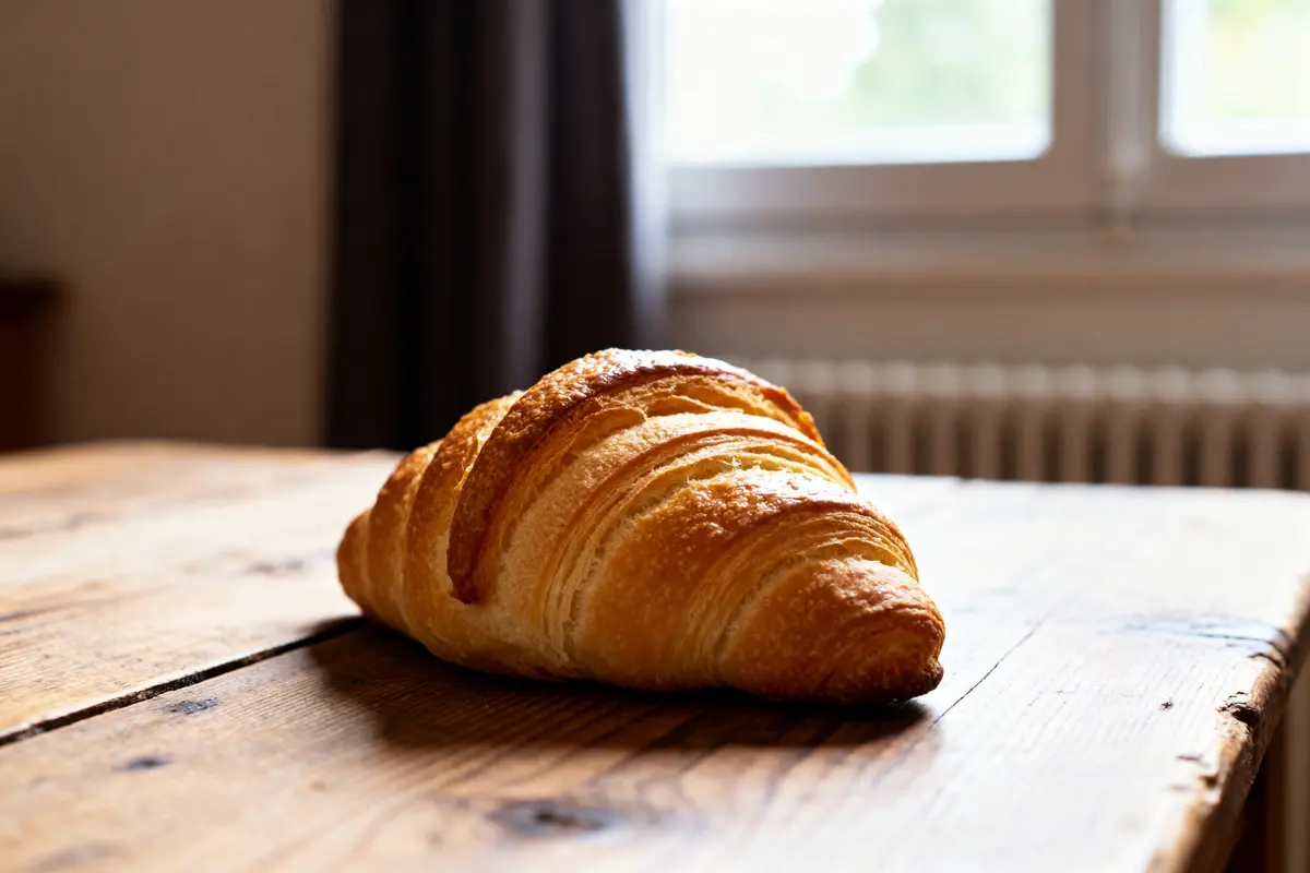 Croissant doré sur table en bois évoquant le pain au beurre selon Tatie Maryse