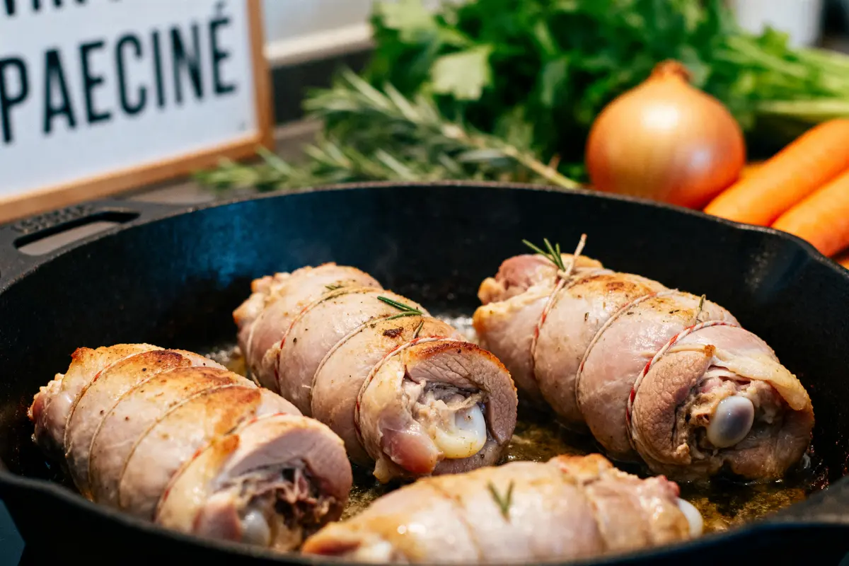 Paupiettes de dindonneau dorées dans une poêle avec herbes aromatiques et légumes en fond