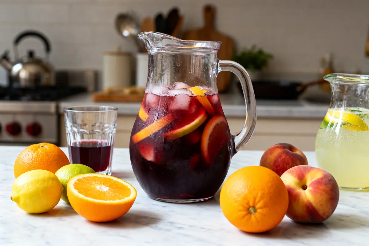 Carafe de sangria avec fruits frais, idée pour que rajouter dans une sangria toute faite