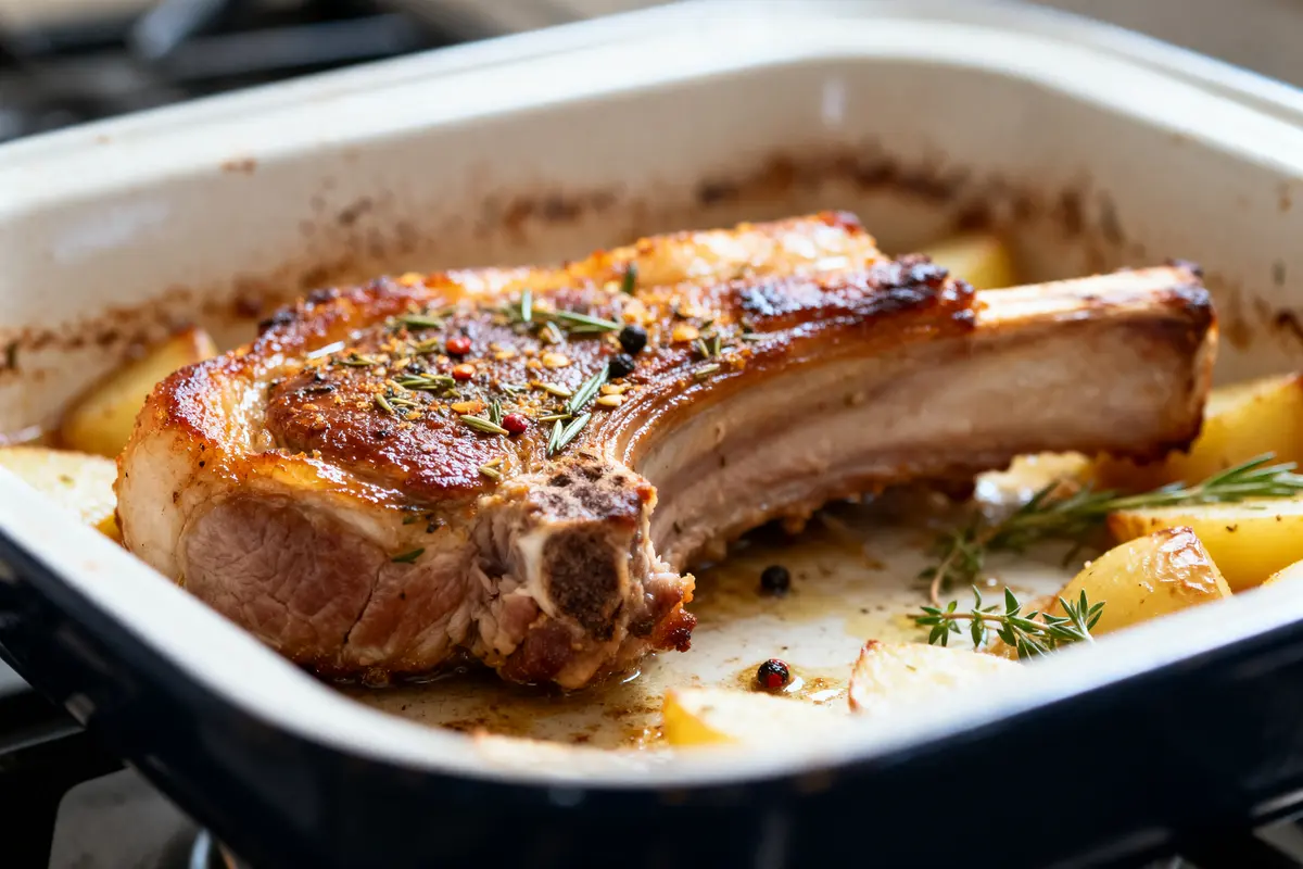 Côtelette de porc rôtie au four avec pommes de terre, recette de côtelette de porc au four