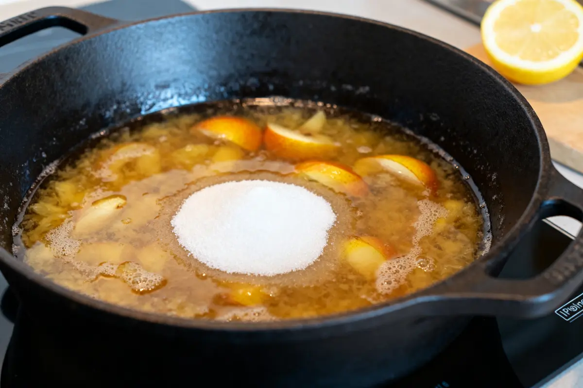 Cuisson des coings et sucre dans une casserole pour la recette de gelée de coing