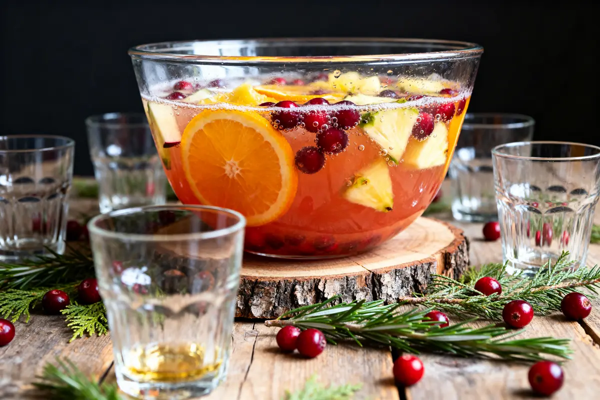 Grande coupe de punch fruité pour recette de punch pour 50 personnes, avec verres autour