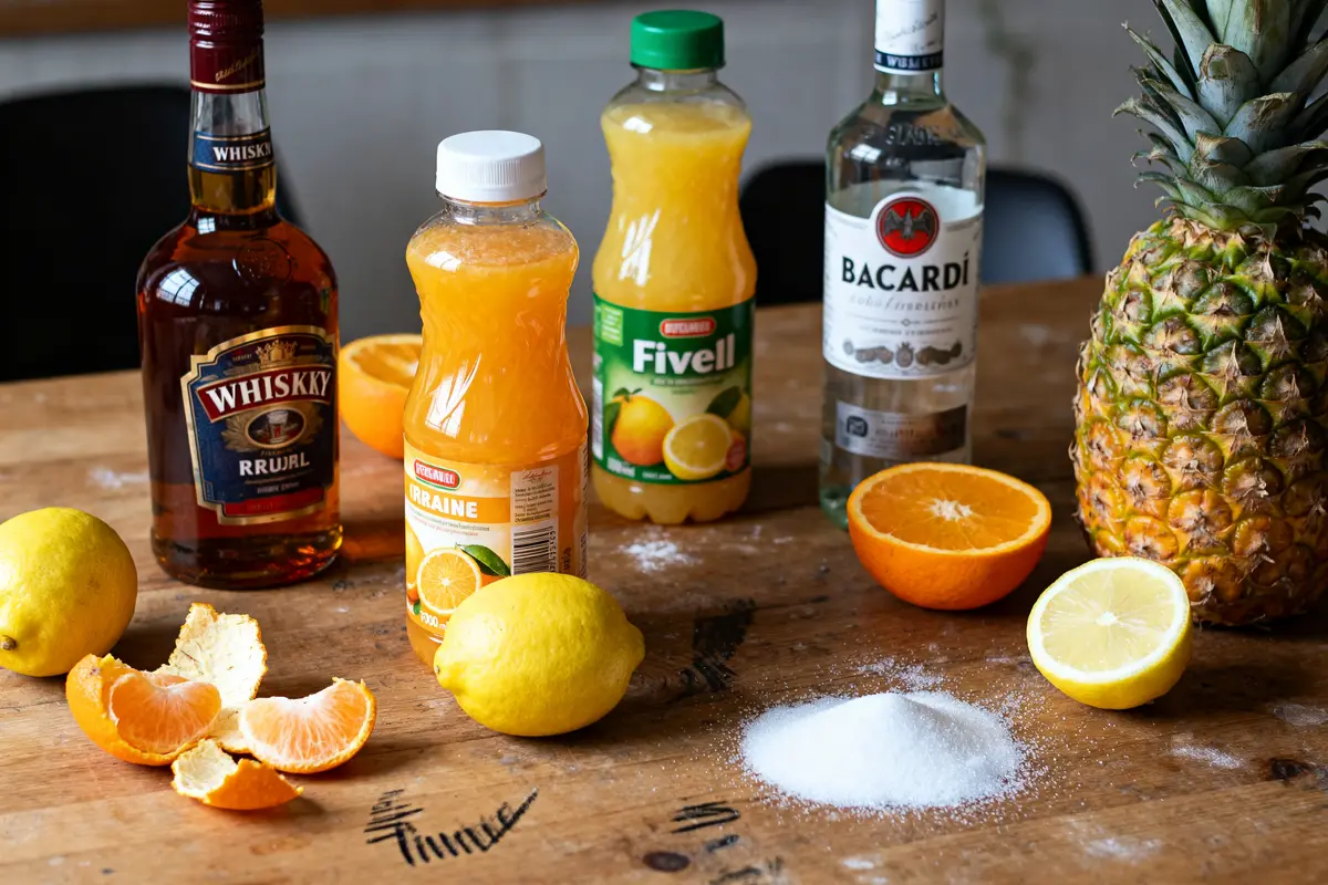 Ingrédients pour une recette de punch pour 50 personnes sur table de cuisine boisée