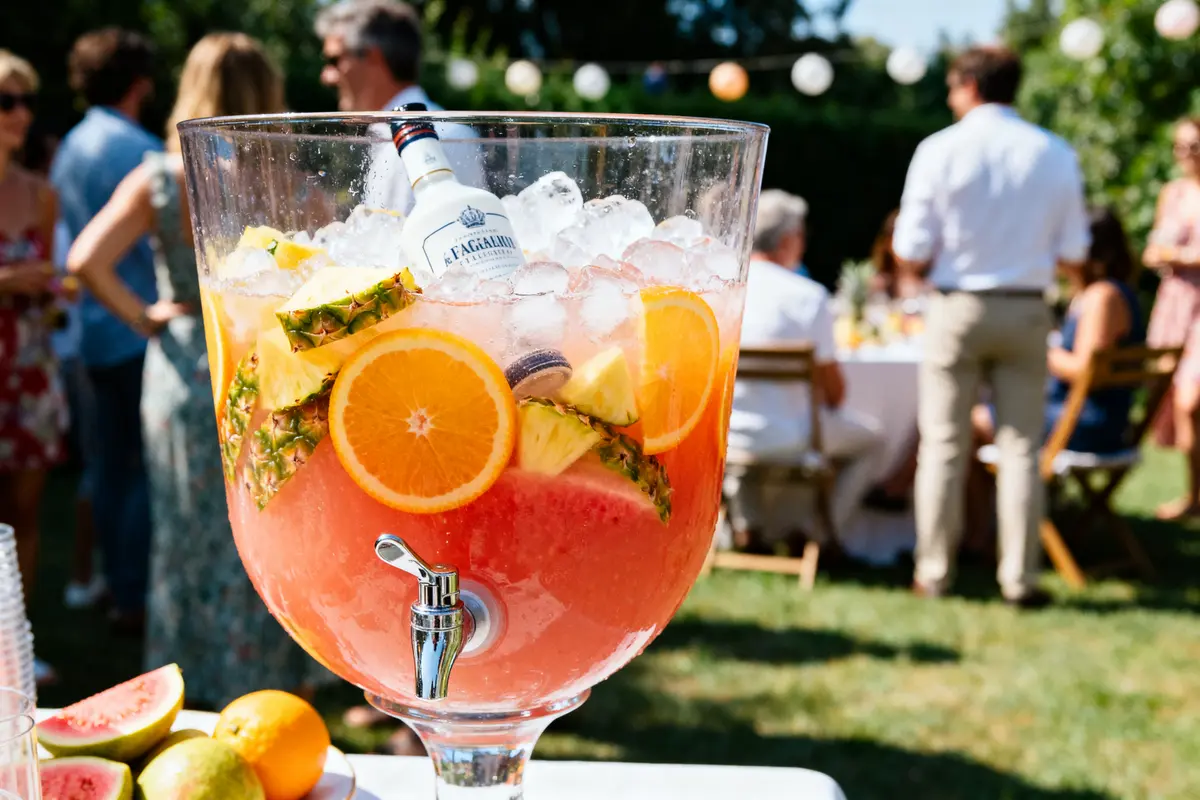 Grand saladier de punch fruité lors d'un événement, recette de punch pour 50 personnes