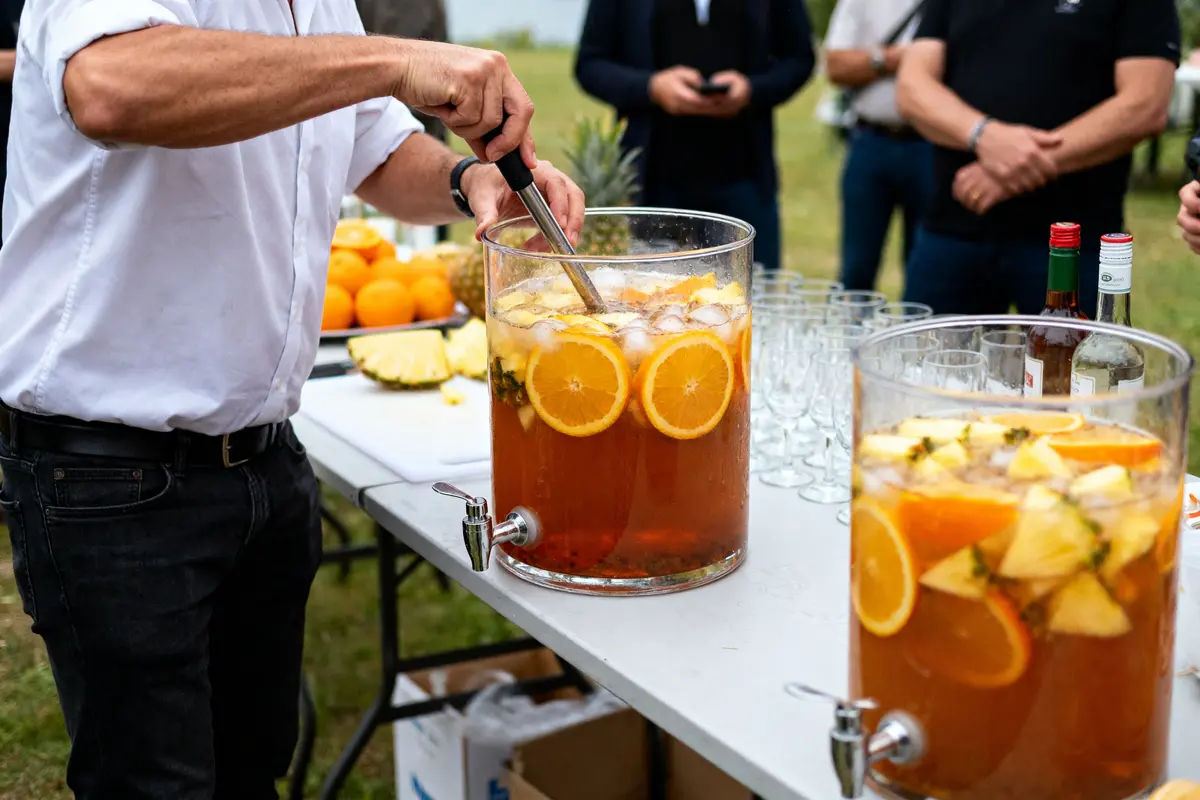Homme préparant une recette de punch pour 50 personnes avec fruits dans grandes bonbonnes en plein air