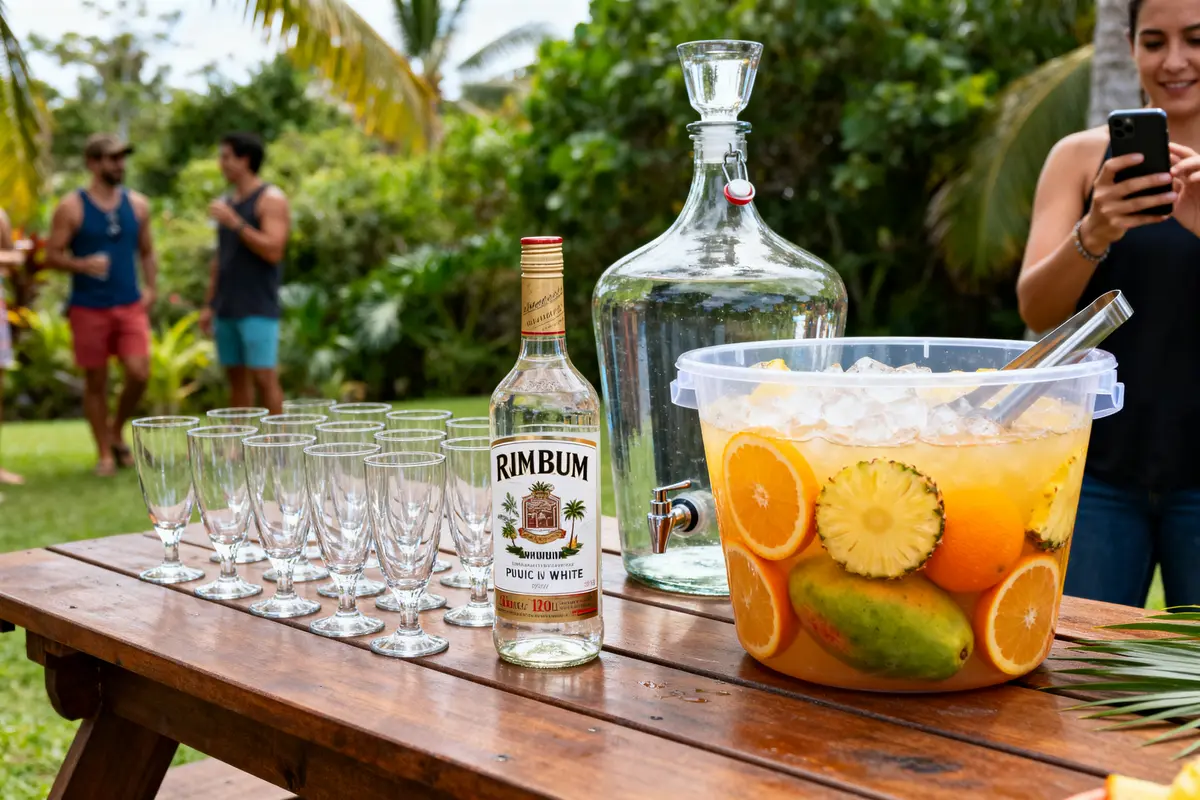Jardin tropical avec préparation de recette de punch pour 50 personnes, fruits et bouteilles