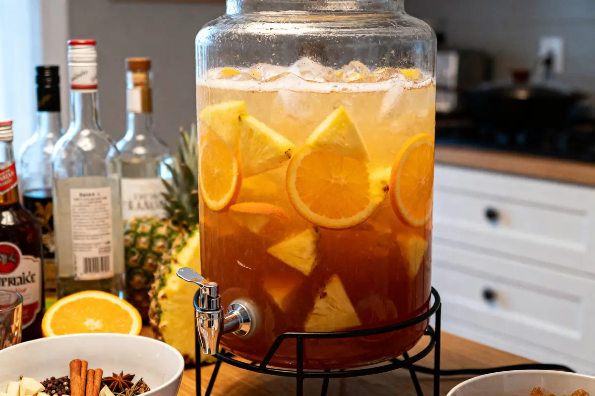 Grand bocal de punch aux fruits, recette de punch pour 50 personnes avec agrumes et épices