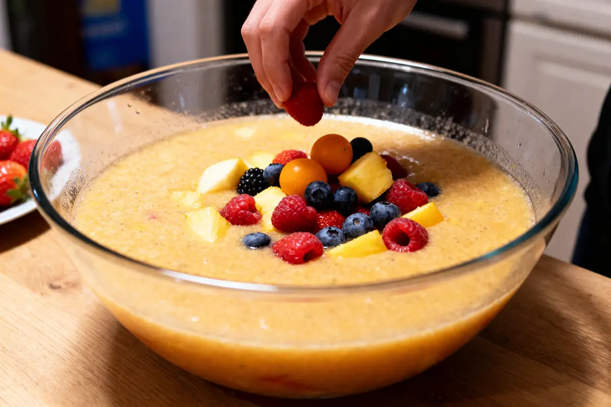 Main ajoutant des fruits dans une grande coupe pour recette de punch pour 50 personnes