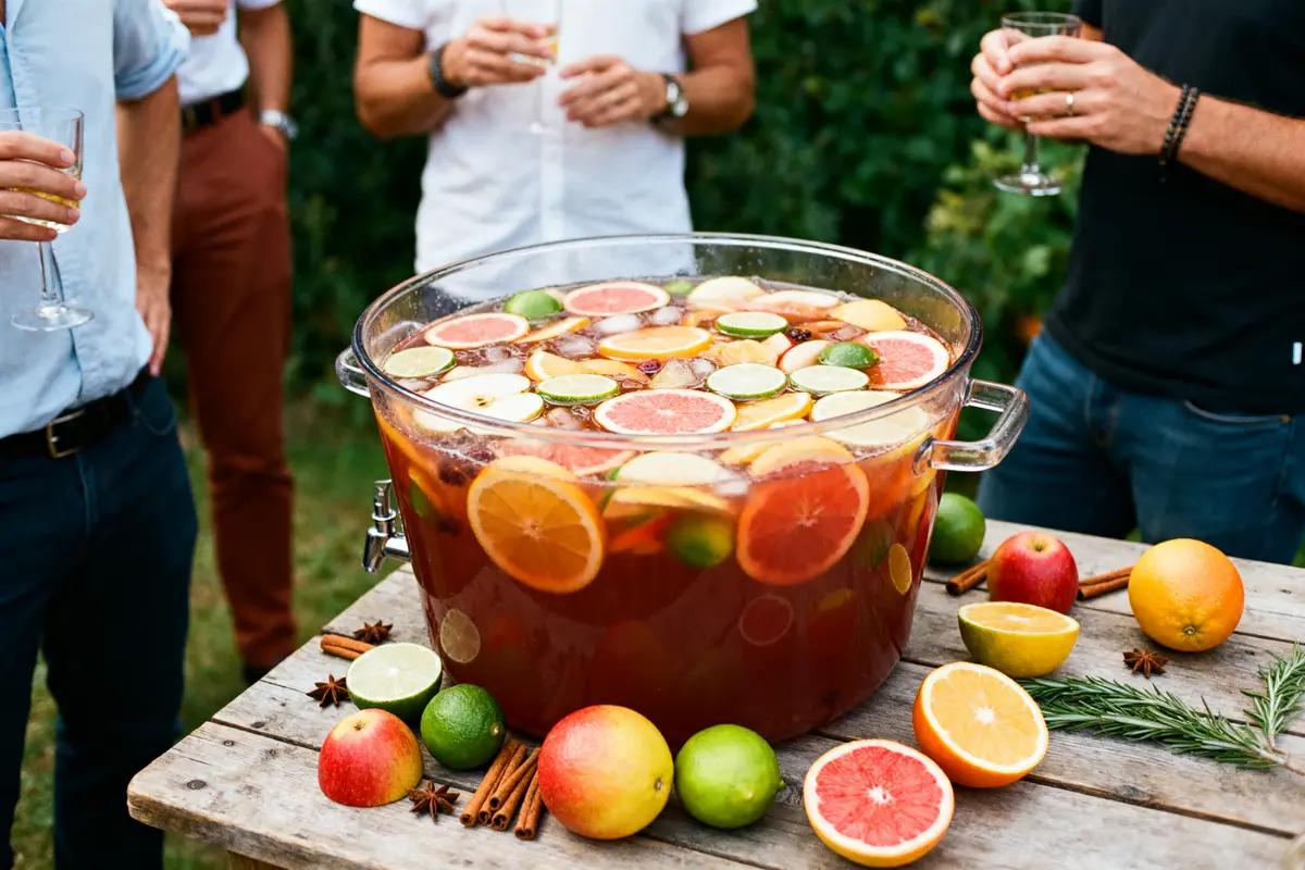 Grande bassine de punch fruits frais pour recette de punch pour 50 personnes extérieur.