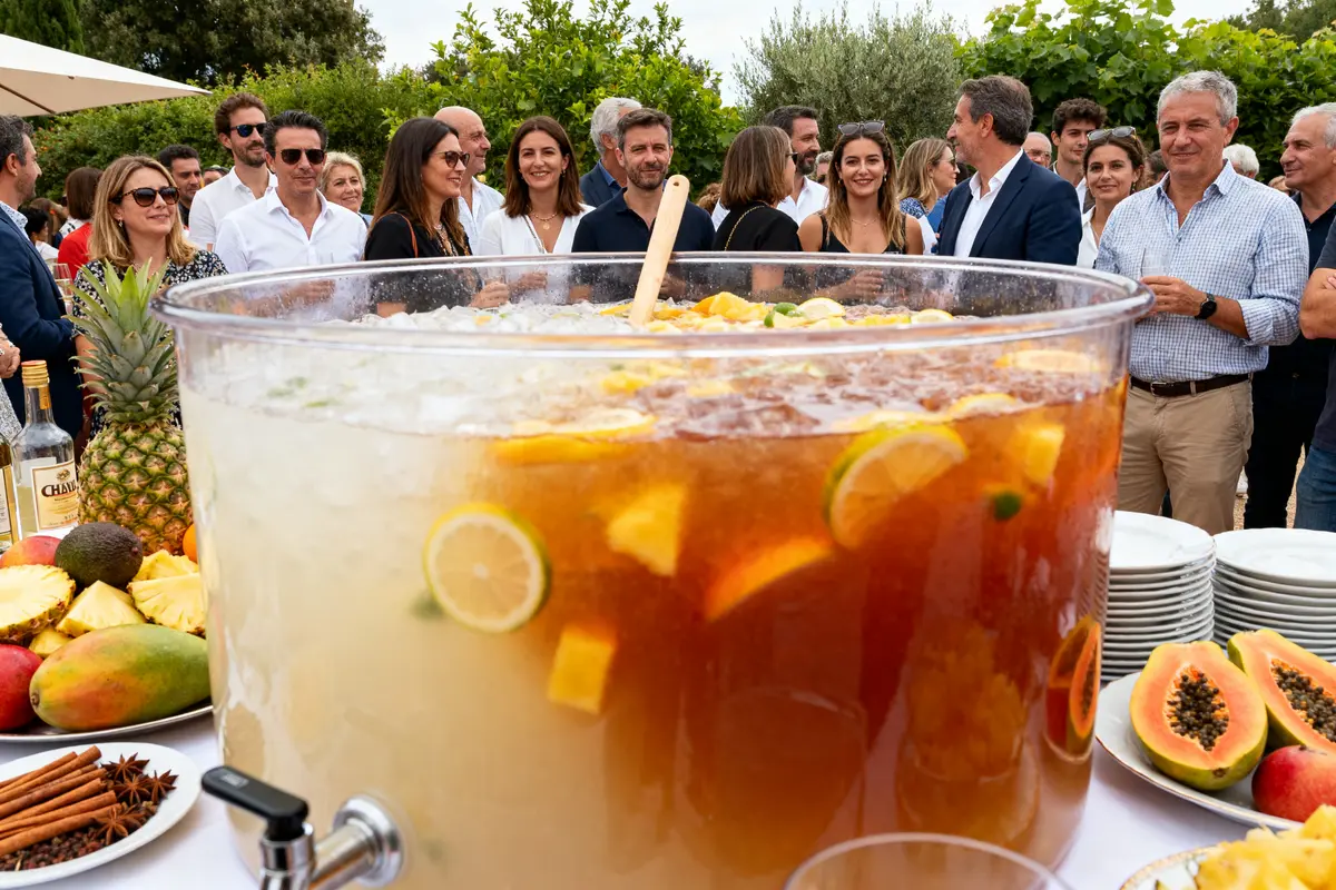 Grande jarre de punch avec fruits pour une recette de punch pour 50 personnes, invités autour