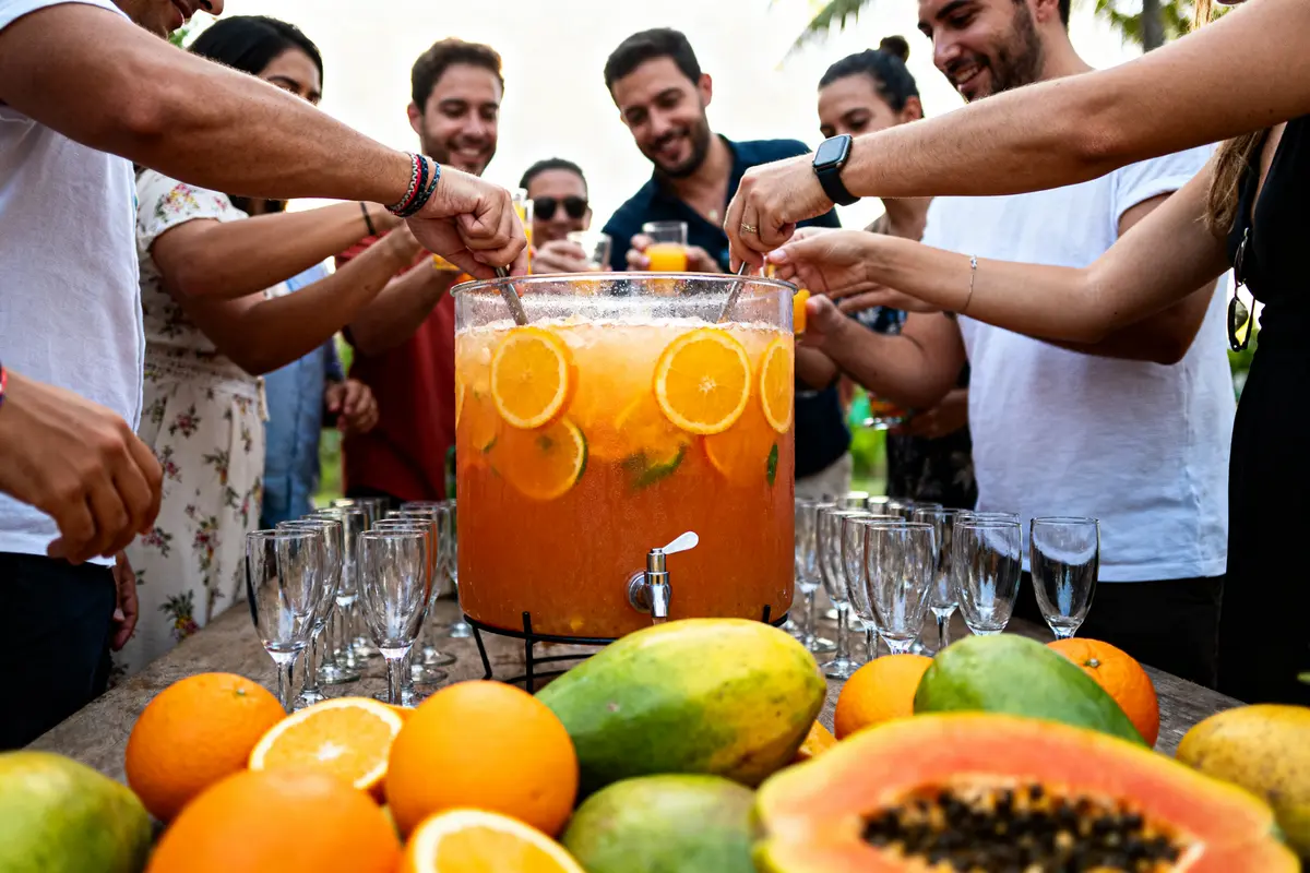 Personnes partageant une grande recette de punch pour 50 personnes avec des fruits tropicaux.