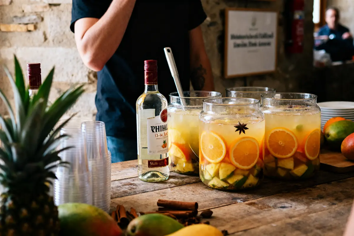 Grand récipient avec fruits et rhum, parfait pour une recette de punch pour 50 personnes