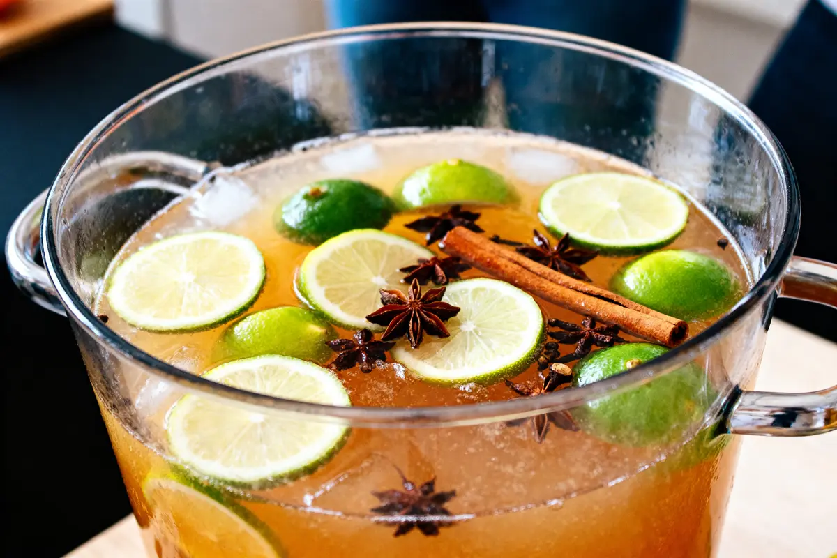 Grande jarre de punch avec limes et épices, recette de punch pour 50 personnes.