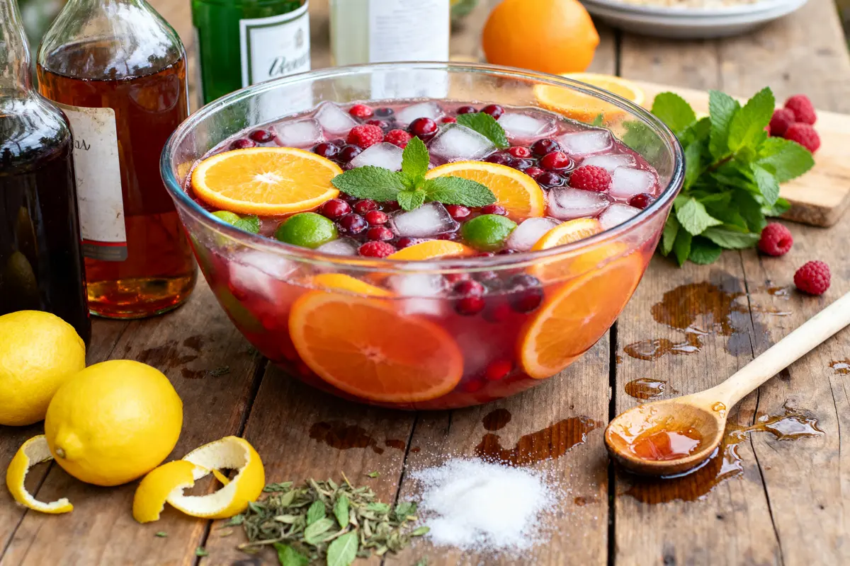 Grand saladier de cocktail aux agrumes et fruits rouges, recette de punch pour 50 personnes
