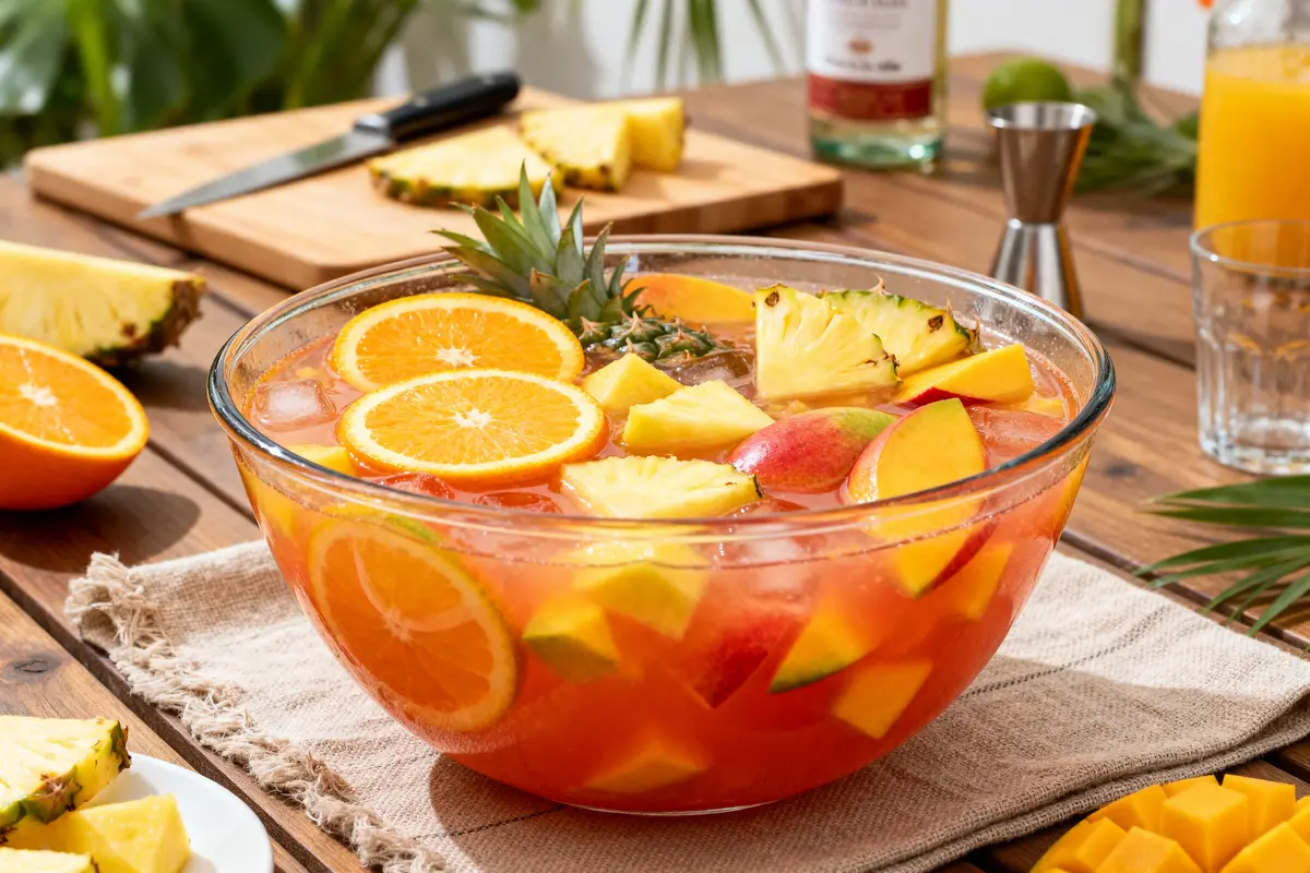 Bol de punch aux fruits exotiques, illustrant une recette de punch pour 50 personnes