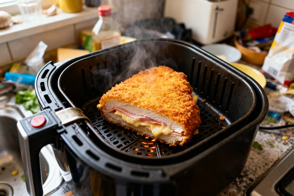 Cordon bleu réchauffé au Airfryer avec fromage fondu et jambon appétissants sans huile