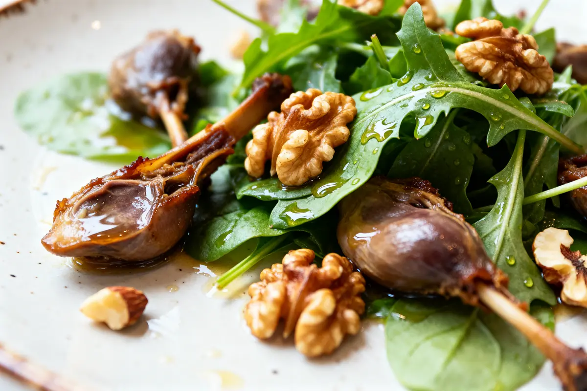 Feuilles de salade de gésiers avec noix et vinaigrette huileuse sur une assiette blanche